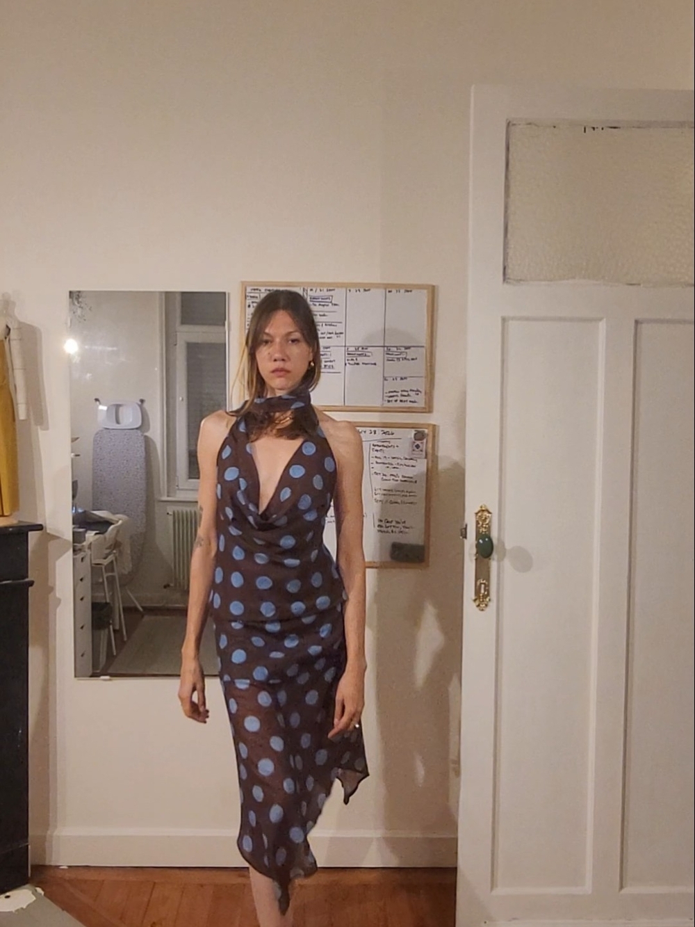 Blue Polka Dot Halter Midi Dress